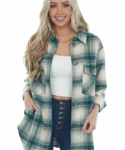 Kori America Forest And Cornflower Plaid Shirt Jacket Tops