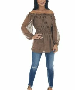143 Story Coffee Textured Off Shoulder Smocked Waist Top Tops 28 143 Story Coffee Textured Off Shoulder Smocked Waist Top Tops