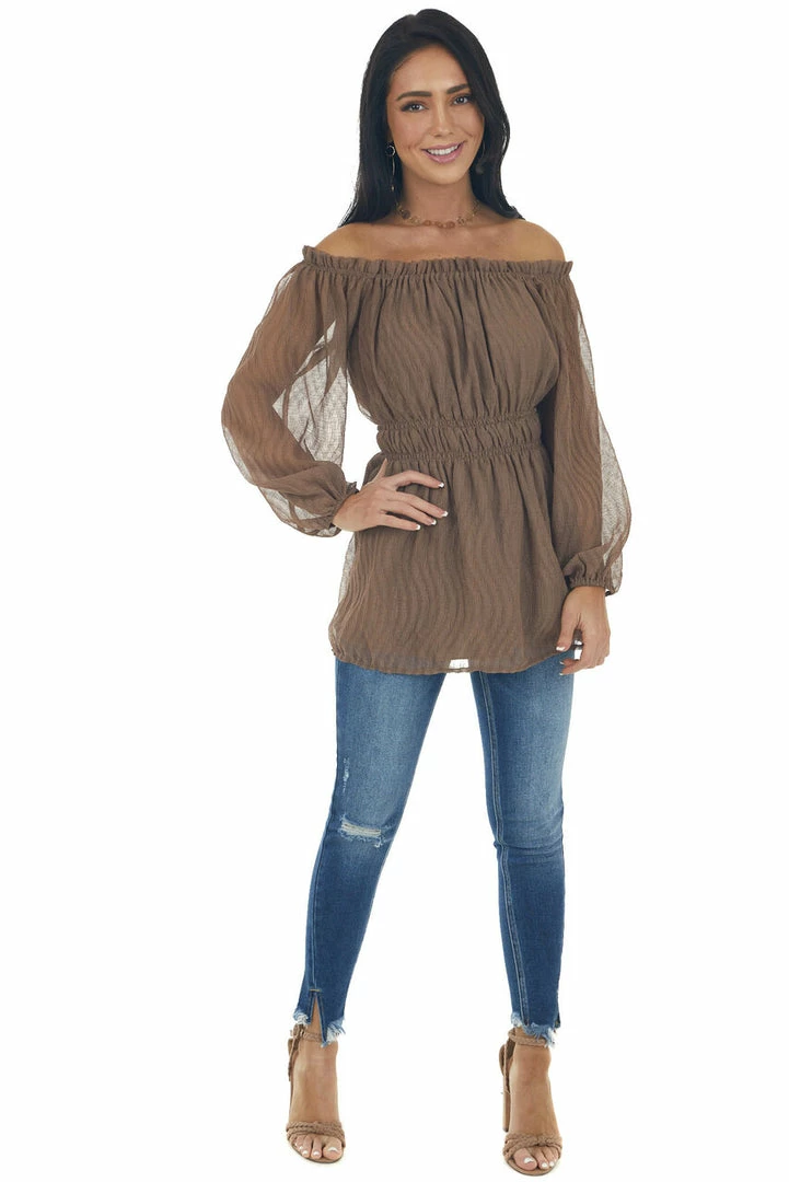 143 Story Coffee Textured Off Shoulder Smocked Waist Top Tops 15 143 Story Coffee Textured Off Shoulder Smocked Waist Top Tops