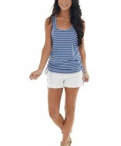 143 Story Catalina Blue Striped Sleeveless Top With Ruched Side Detail Tops 11 143 Story Catalina Blue Striped Sleeveless Top With Ruched Side Detail Tops