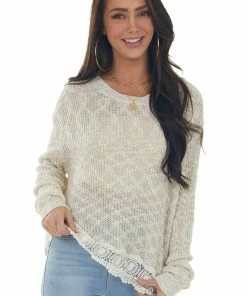 Davi & Dani Vanilla Stretchy Knit Sweater With Lace Detail Tops