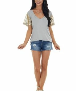 POL Clothing Steel V Neck Top With Short Sequin Sleeves Tops