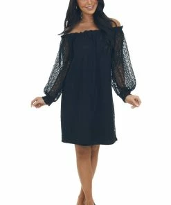 SugarFox Black Off The Shoulder Lace Short Dress