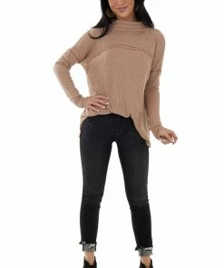 143 Story Tops Dusty Apricot Turtleneck Ribbed Knit Top