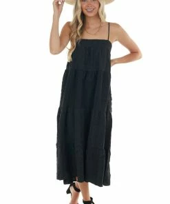 Entro Black Textured Tiered Tent Midi Woven Dress Dresses