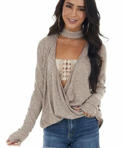 CY Fashion Tops Latte And White Surplice Knit Top With Choker Neckline