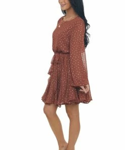 She + Sky Cinnamon Drop Waist Short Dress With Gold Dots Dresses