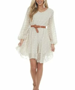 Miss Sparkling Cream Swiss Dot Blouson Sheer Sleeve Dress Dresses