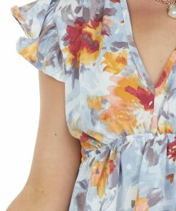 Entro Misty Blue Floral Peplum V Neck Blouse