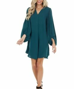 Jodifl Dark Pine Long Bubble Sleeve V Neck Soft Woven Short Dress Dresses