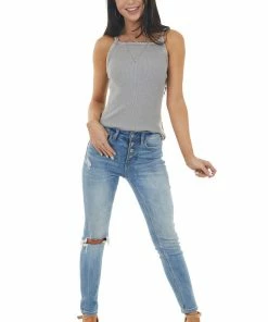 Kori America Grey Mineral Wash Ribbed Knit Tank Top With Halter Neckline Tops 31 Kori America Grey Mineral Wash Ribbed Knit Tank Top With Halter Neckline Tops