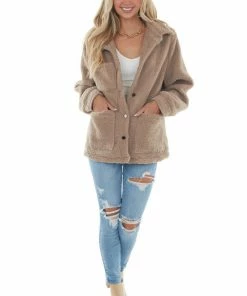 She + Sky Deep Latte Button Up Teddy Jacket With Pockets Outerwear