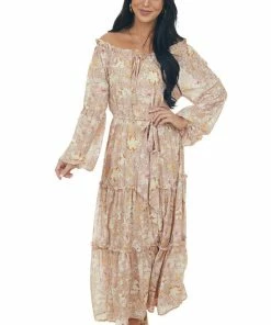 Flying Tomato Nude Floral Print Gold Speck Tiered Maxi Dress