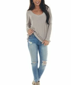 Sweet Lovely Light Taupe Raw Edge V Neck Waffle Knit Top Tops
