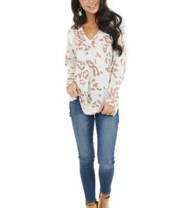 BiBi Ivory Leopard Print Long Sleeve Top With Front Pocket Tops