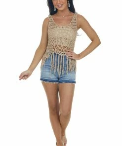 143 Story Latte Sleeveless Open Crochet Top With Fringe Tops