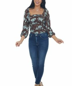 Ces Femme Tops Cocoa And Sky Blue Floral Peasant Sleeve Top