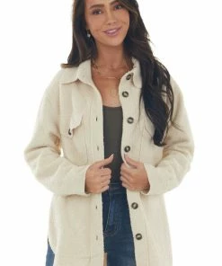 Kori America Cream Shearling Texture Button Up Shirt Jacket Tops