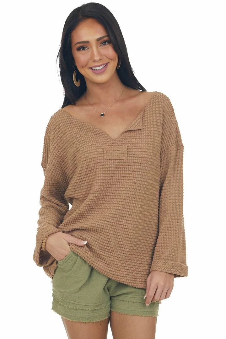 Jodifl Camel Waffle Knit Notch Neck Top With Loose Long Sleeves Tops 11 Jodifl Camel Waffle Knit Notch Neck Top With Loose Long Sleeves Tops