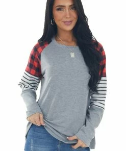 Shewin Heather Grey Knit Top With Multiprint Sleeves