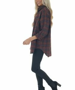 Lime Lush Tops Mahogany Plaid Single Chest Pocket Flannel