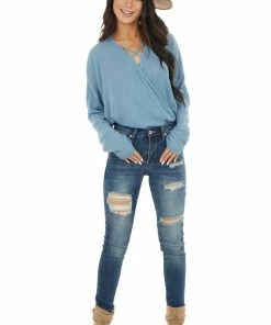 HOPELY Tops Powder Blue Waffle Knit Surplice Top With Criss Cross Detail