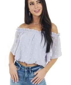 She + Sky Lilac Swiss Dot Off The Shoulder Crop Top With Elastic Hem