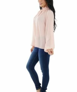 Main Strip Peach Smocked Neck Bubble Sleeve Keyhole Top