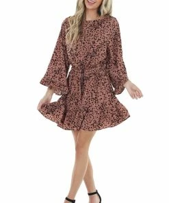 Jodifl Dusty Rose Cheetah Print Long Wide Sleeve Short Dress Dresses