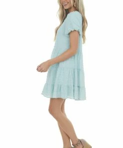 She + Sky Dresses Light Blue Textured Woven Short Drop Waist Tiered Dress