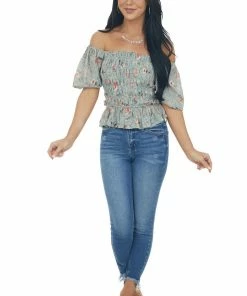 Entro Tops Sage Floral Print Short Sleeve Blouse With Smocked Details 35 Entro Tops Sage Floral Print Short Sleeve Blouse With Smocked Details