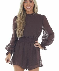 She + Sky Chocolate Swiss Dot Long Puff Sleeve Romper Dresses