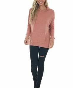 ANGIE Heathered Coral Kangaroo Pouch Knit Hoodie 25 ANGIE Heathered Coral Kangaroo Pouch Knit Hoodie