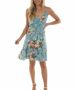 Umgee Dusty Blue Floral Print Babydoll Short Dress Dresses