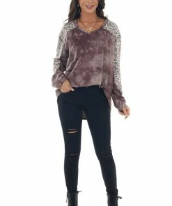 Easel Mauve Tie Dye And Animal Print Long Sleeve Top Tops