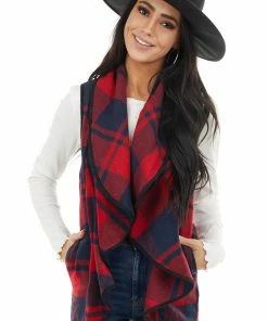HYFVE Cherry And Navy Open Front Plaid Print Vest With Lapel Outerwear