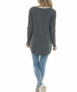 Hailey & Co Graphite Camo Contrast Long Sleeve Knit Top Tops