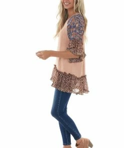 Umgee Tops Apricot Multiprint Colorblock Tunic Length Top 24 Umgee Tops Apricot Multiprint Colorblock Tunic Length Top