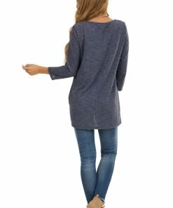 Kye Mi Heathered Navy Blue 3/4 Sleeve Top With Twisted Hem Detail