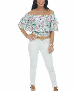 Entro Aquamarine Floral Off Shoulder Overlay Blouse