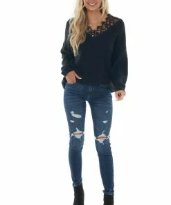 Davi & Dani Tops Black Lace V Neck Long Sleeve Ribbed Sweater