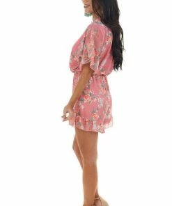 Peach Love Watermelon Floral Print Surplice Neck Romper