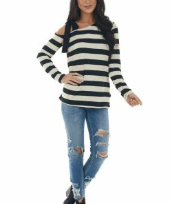 BiBi Cream Striped Top With Tied Cold Shoulder