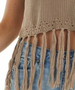 143 Story Taupe Sweater Knit Cropped Fringe Tank Top