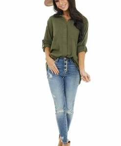 Umgee Tops Olive Button Up Collared Long Sleeve Top With Chest Pockets 32 Umgee Tops Olive Button Up Collared Long Sleeve Top With Chest Pockets