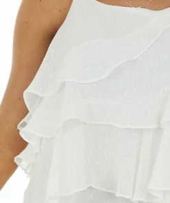 Entro White Thread Printed Sleeveless Ruffle Blouse With Racerback Tops