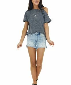 Mustard Seed Tops Graphite Mineral Washed Short Sleeve Cold Shoulder Knit Tee