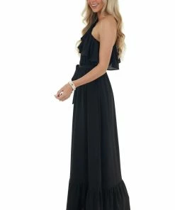 Main Strip Black Elastic Off Shoulder Ruffle Maxi Dress Dresses