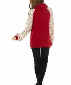 143 Story Cherry Drawstring Cowl Neck Top With Cheetah Print Sleeves