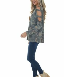 Haptics Olive Camo Raglan Sleeve Ladder Cut Out Top